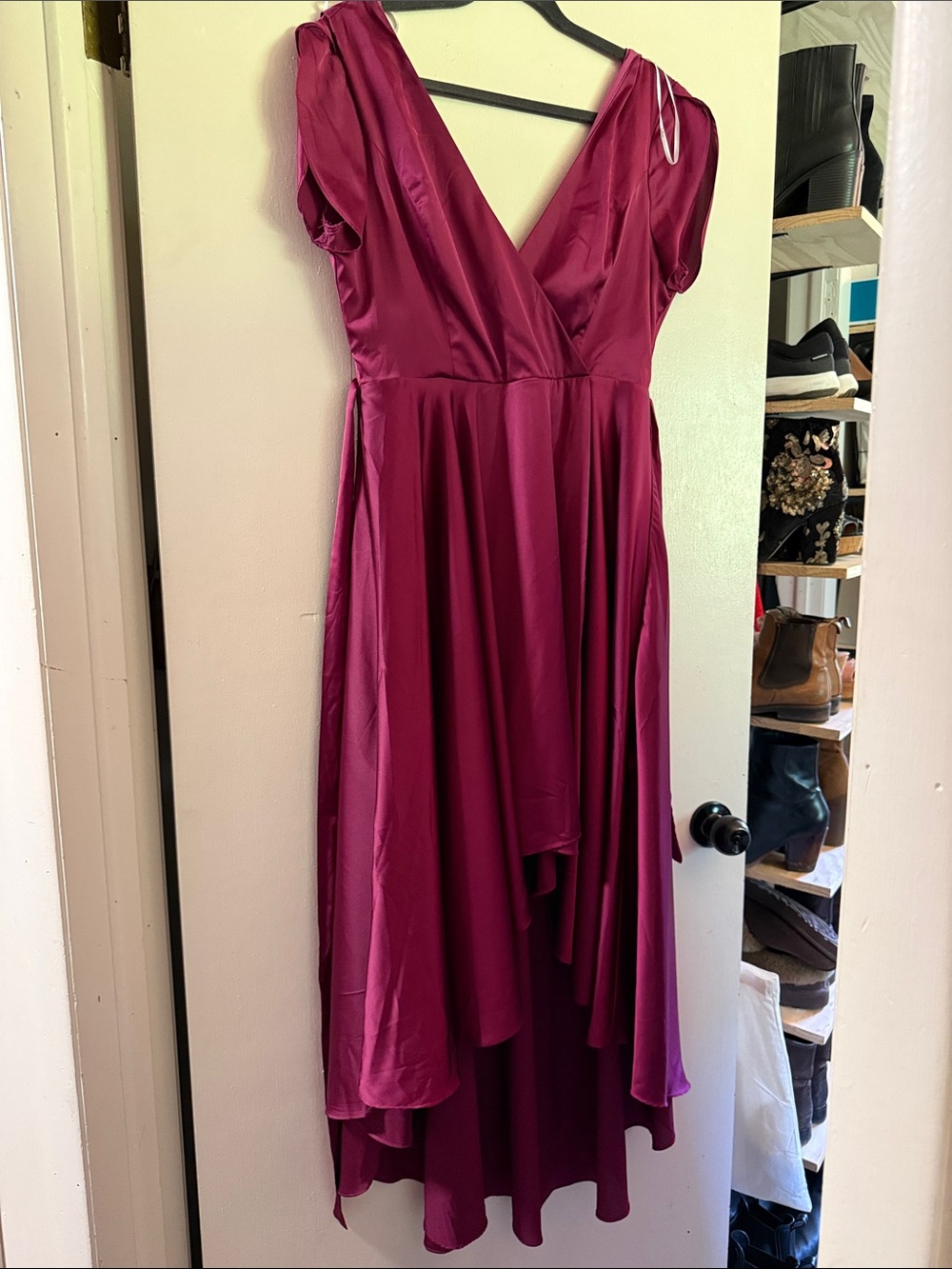 Lulu's Magenta Satin V-Neck High-Low Dress